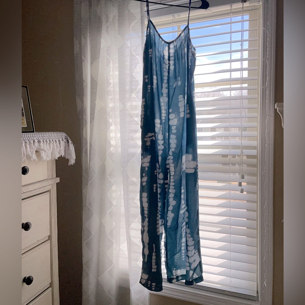 Blue and white tie dye style, flowy body suit.
